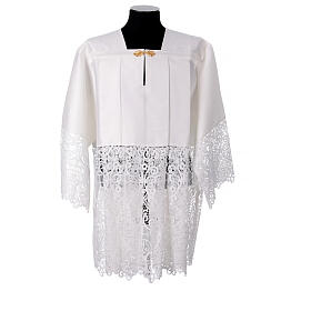White surplice with macramé lace, IHS pattern, cotton and silk