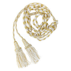 Priest cincture with chainette fringe, white and gold, XL model