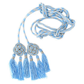 Priest cincture with rosette and chainette fringe, light blue and silver