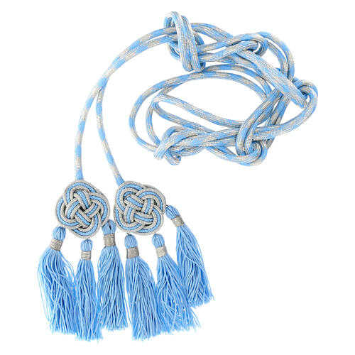 Priest cincture with rosette and chainette fringe, light blue and silver 1