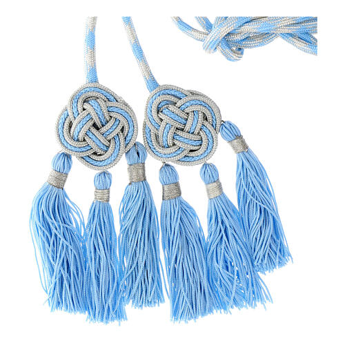 Priest cincture with rosette and chainette fringe, light blue and silver 4