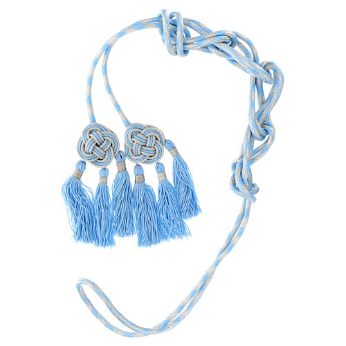 Priest cincture with rosette and chainette fringe, light blue and silver 6