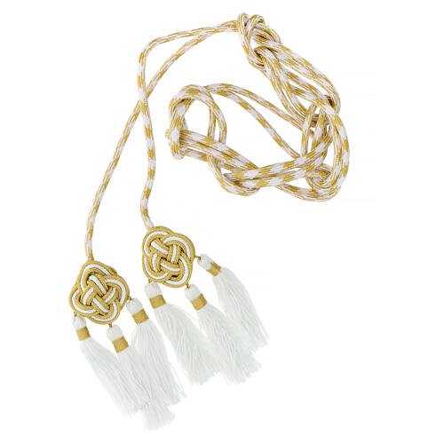 Priest cincture with rosette and chainette fringe, white and gold 2