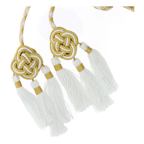 Priest cincture with rosette and chainette fringe, white and gold 3