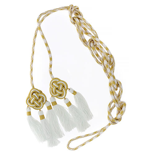 Priest cincture with rosette and chainette fringe, white and gold 6