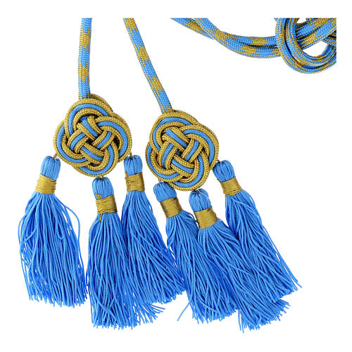 Priest cincture with rosette and chainette fringe, light blue and gold 3