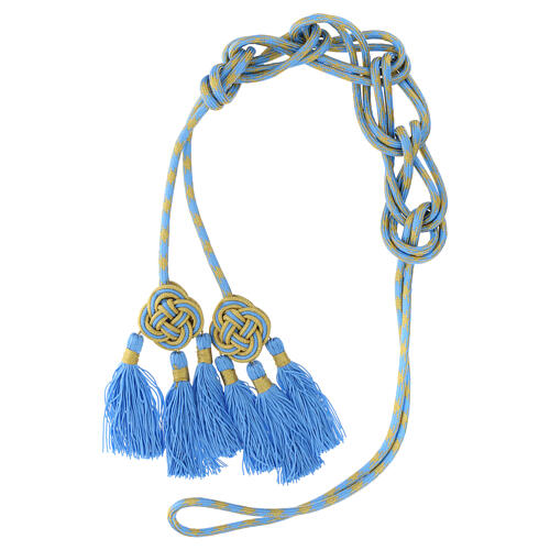 Priest cincture with rosette and chainette fringe, light blue and gold 6