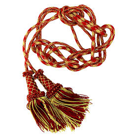 Luxury priest cincture with cannetille tassel, red and gold, wooden core