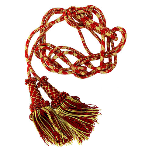 Luxury priest cincture with cannetille tassel, red and gold, wooden core 2