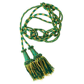 Luxury priest cincture with cannetille tassel, mint green and gold, wooden core