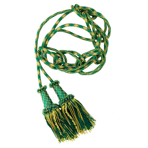 Luxury priest cincture with cannetille tassel, mint green and gold, wooden core 2