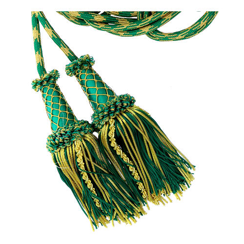 Luxury priest cincture with cannetille tassel, mint green and gold, wooden core 3