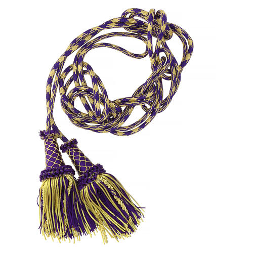 Luxury priest cincture with cannetille tassel, purple and gold, wooden core 1