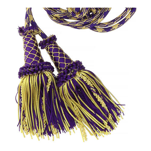 Luxury priest cincture with cannetille tassel, purple and gold, wooden core 3