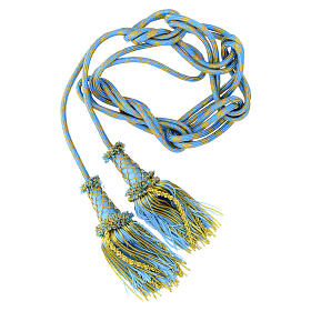 Luxury priest cincture with cannetille tassel, light blue and gold, wooden core