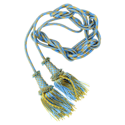 Luxury priest cincture with cannetille tassel, light blue and gold, wooden core 1