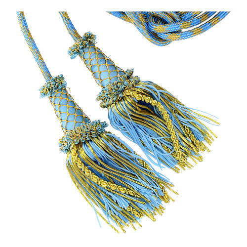 Luxury priest cincture with cannetille tassel, light blue and gold, wooden core 3