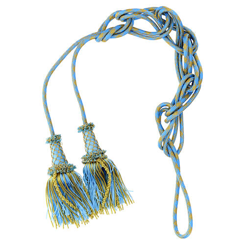 Luxury priest cincture with cannetille tassel, light blue and gold, wooden core 6