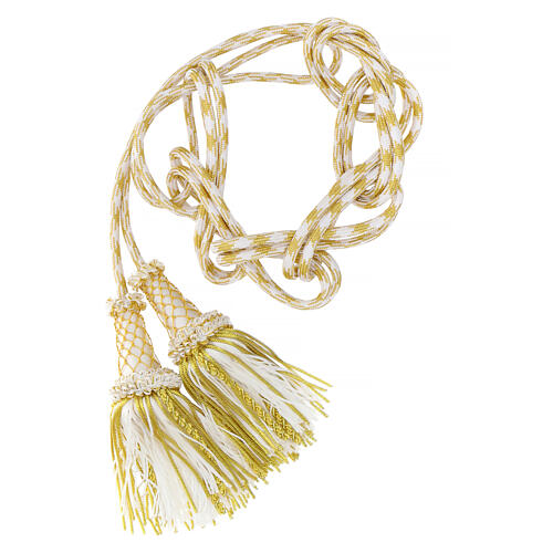 Priesterzingulum, weiß-gold, hochwertige Ausführung, mit Quaste mit Canuttiglia und Holzelement 2