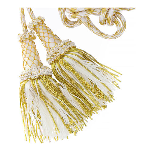 Luxury priest cincture with cannetille tassel, white and gold, wooden core 4