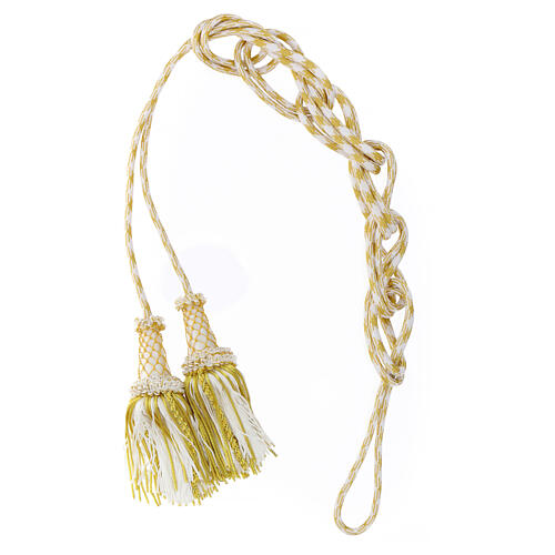 Luxury priest cincture with cannetille tassel, white and gold, wooden core 5