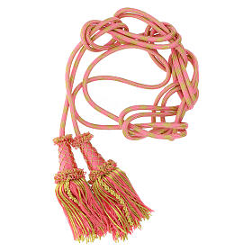 Luxury priest cincture with cannetille tassel, pink and gold, wooden core