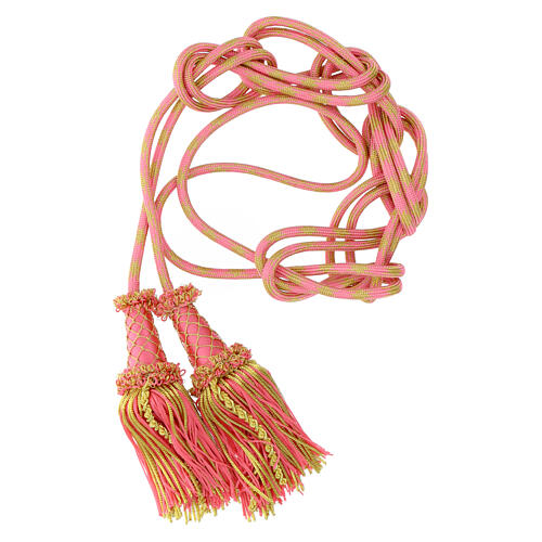 Luxury priest cincture with cannetille tassel, pink and gold, wooden core 2