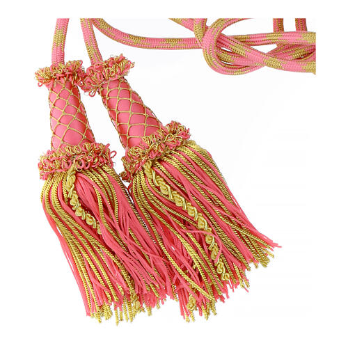 Luxury priest cincture with cannetille tassel, pink and gold, wooden core 4