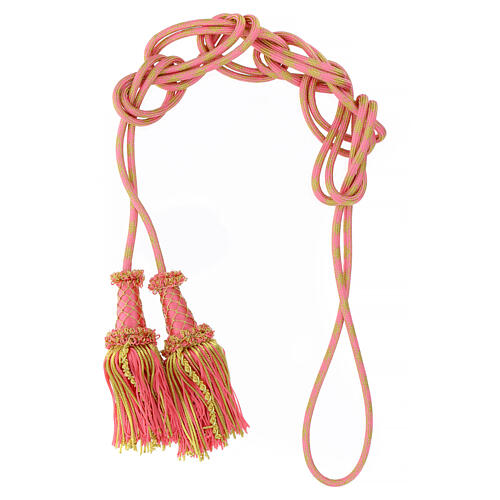 Luxury priest cincture with cannetille tassel, pink and gold, wooden core 6