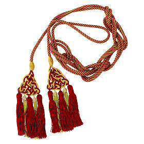 Priest cincture with luxury triangular medallion and four tassels, red and golden cannotille