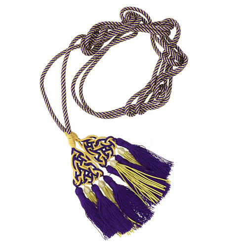 Priest cincture with luxury triangular medallion and four tassels, purple and golden cannotille 1