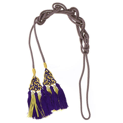 Priest cincture with luxury triangular medallion and four tassels, purple and golden cannotille 6