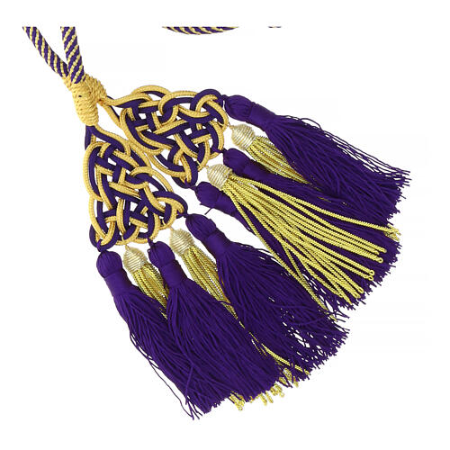 Cordon sacerdotal noeud triangulaire de luxe cannetille 5 glands couleur violet et or 4