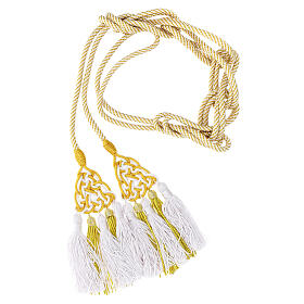 Priest cincture with luxury triangular medallion and four tassels, white and golden cannotille