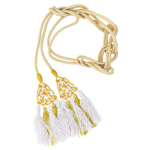 Priest cincture with luxury triangular medallion and four tassels, white and golden cannotille 2
