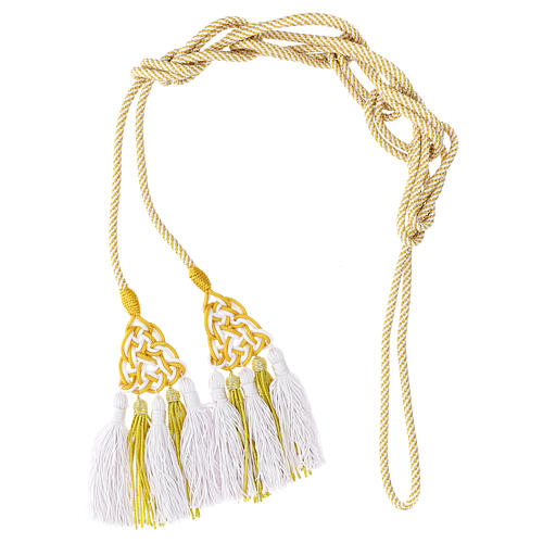 Priest cincture with luxury triangular medallion and four tassels, white and golden cannotille 6
