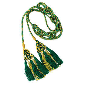 Priest cincture with luxury triangular medallion and four tassels, mint green and golden cannotille