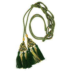 Priest cincture with luxury triangular medallion and four tassels, olive green and golden cannotille