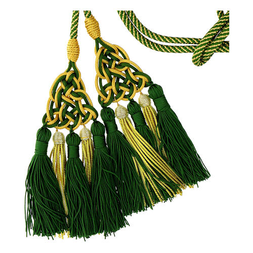 Priest cincture with luxury triangular medallion and four tassels, olive green and golden cannotille 4