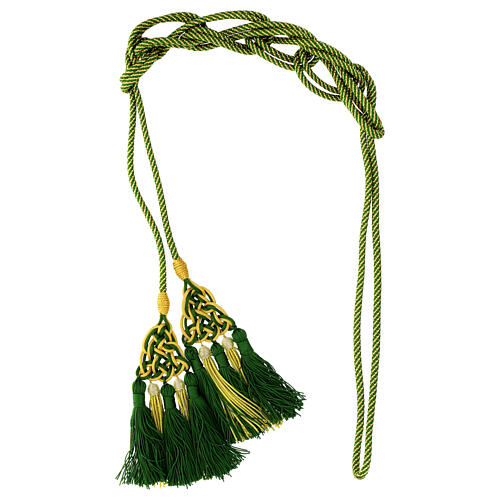 Priest cincture with luxury triangular medallion and four tassels, olive green and golden cannotille 5