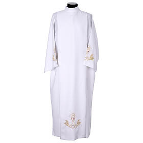 Alb with pleats, shoulder zip fastener, front and back chalice embroidery