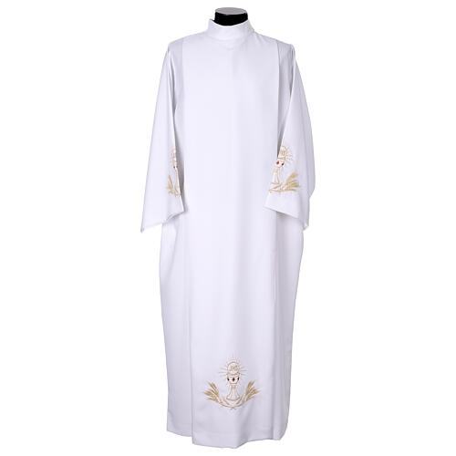 Alb with pleats, shoulder zip fastener, front and back chalice embroidery 1