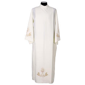 Ivory alb with pleats and zip fastener, embroidered chalice