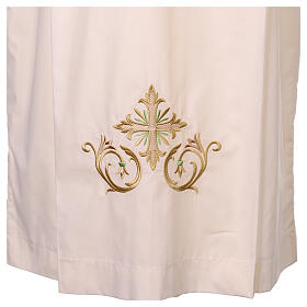 Ivory-coloured cotton blend alb with gold and green embroidery