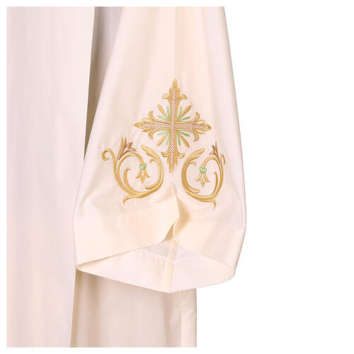 Ivory-coloured cotton blend alb with gold and green embroidery 4
