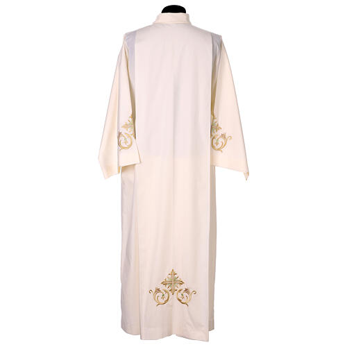 Ivory-coloured cotton blend alb with gold and green embroidery 7