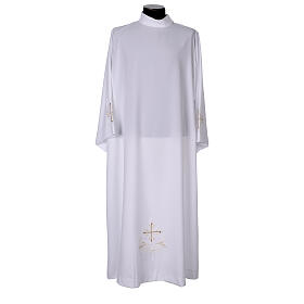 White alb with dove-grey and cream-coloured cross embroidery