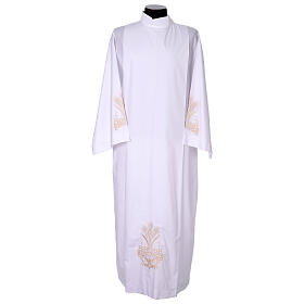 White alb with pleats, wheat and grapes embroidery