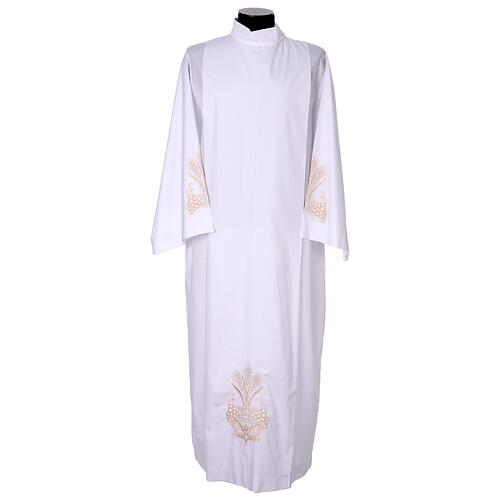 White alb with pleats, wheat and grapes embroidery 1