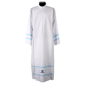 White alb with blue hemstitch and Marian embroidery, cotton blend by Gamma